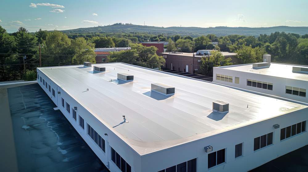 Seamless white PVC commercial flat roof of factory summer day Aerial high view