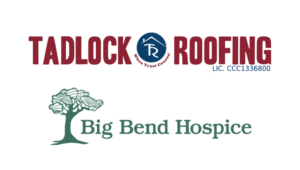 Logo collage: TadLock Roofing on top with house emblem and 'LIC. CCC1336800' text, alongside Big Bend Hospice logo with a green tree and 'Big Bend Hospice' text